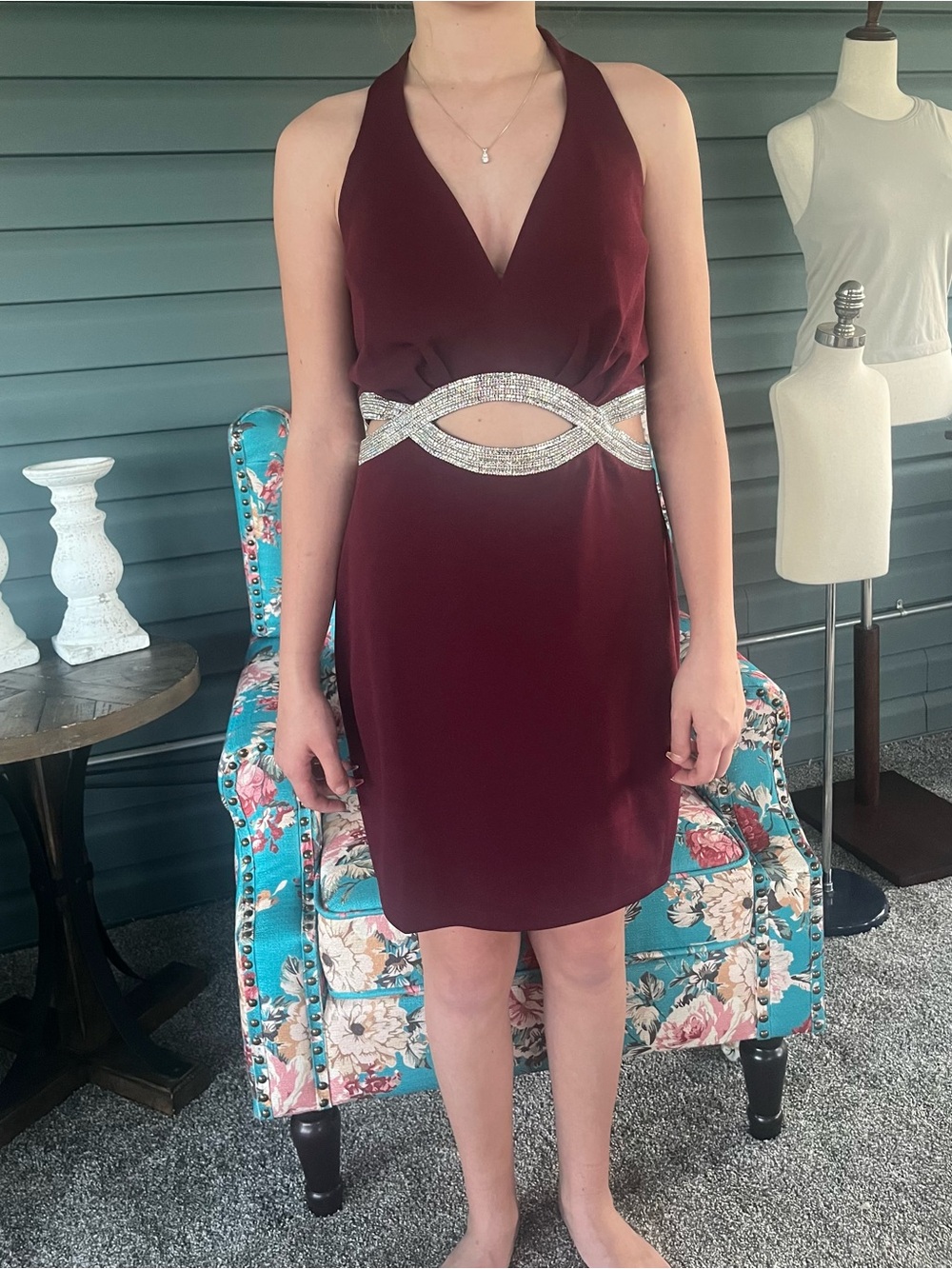 Burgundy Rhinestone Cutout Halter Homecoming Dress Girls/Junior Formal